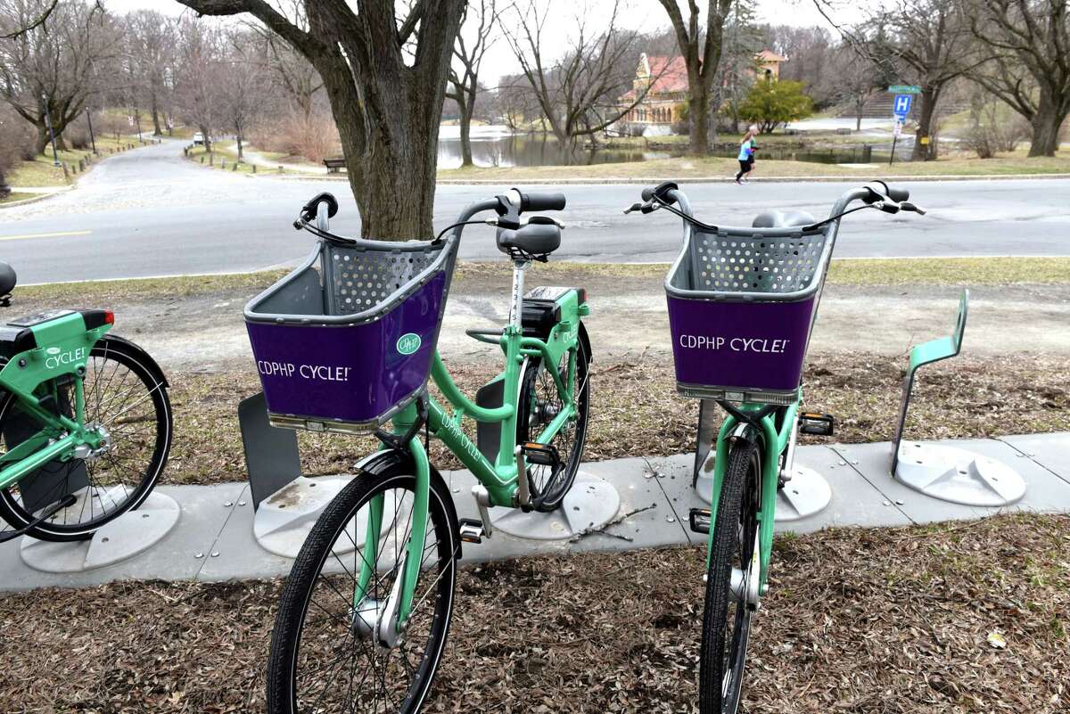 The CDPHP Cycle! bike-share program is open for the season again on Friday, April 5, 2019, at Washington Park in Albany, N.Y. The bicycles are available for rent at dozens of hubs in Albany, Schenectady, Troy, and Saratoga Springs. Details on how to use them can be found at cdphpcycle.com. (Will Waldron/Times Union)
