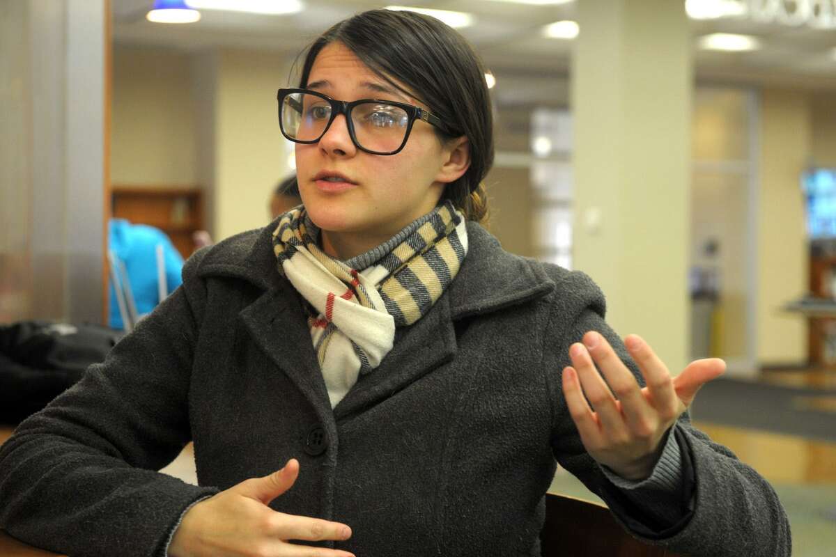Madeline Guman, of Milford, speaks during an interview at the University of Bridgeport on Monday.