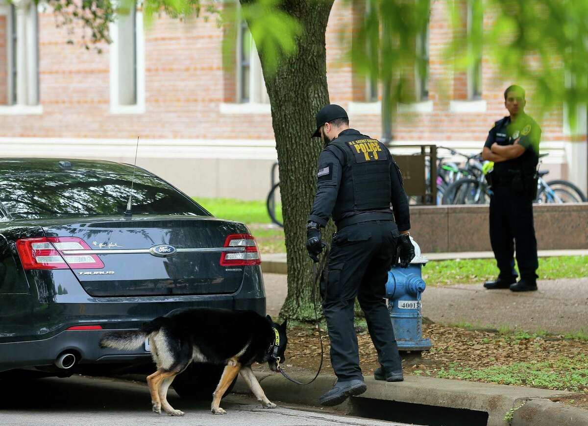 U.S. Secret Service Police officers secure the perimeter around Baker Hall where Vice President Mike Pence will be delivering remarks on Venezuela  at Rice University’s Baker Institute for Public Policy Friday, April 5, 2019, in Houston.