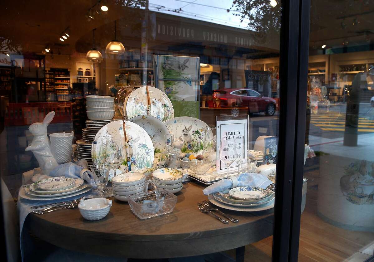 Dishware is displayed in the window of the Williams-Sonoma store on Chestnut Street in San Francisco, Calif. on Thursday, April 4, 2019. The upscale home goods store is looking into alternate sources for some of its merchandise originating from China because of increased tariffs.