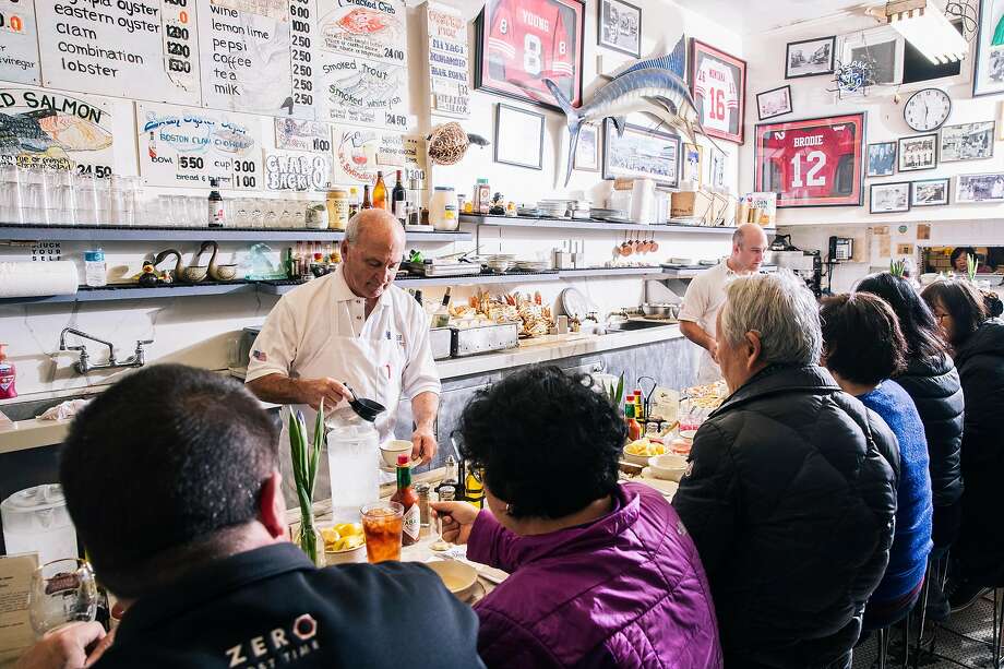 Steve Sancimino, left, and Kevin Sancimino work behind the counter at Swan Oyster Depot in San Francisco, Calif. on Tuesday, April 2, 2019. Photo: Stephen Lam, Special To The Chronicle