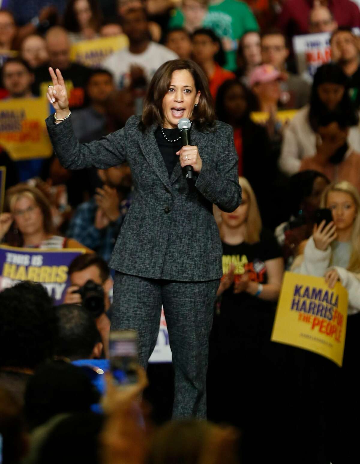 Kamala Harris speaks during her rally Saturday at Texas Southern University's Recreational Center,Saturday, March 23, 2019, in Houston.