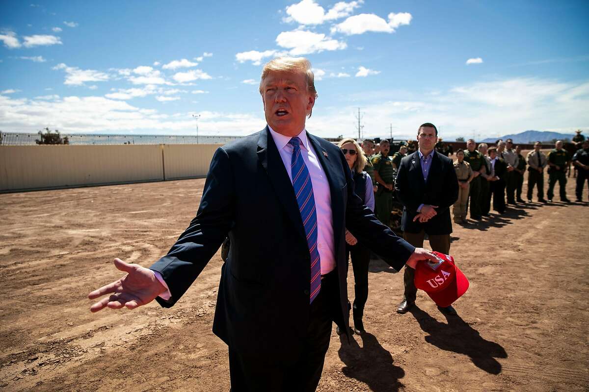 President Donald Trump speaks while visiting members of Border Patrol and inspecting newly upgraded border fencing in Calexico, Calif., on Friday, April 5, 2019. (Al Drago/The New York Times)