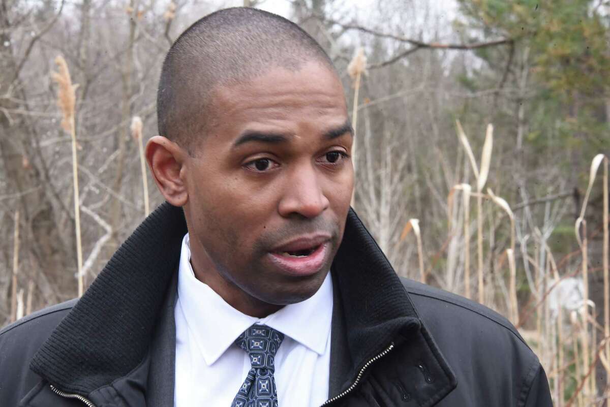 Congressman Antonio Delgado speaks to the press at the Dewey Loeffel superfund site on Friday April 5, 2019 in Nassau, N.Y. Federal investigators found PCBs, carcinogenic industrial solvents and other chemicals contaminating the family property of Dewey Loeffel, who ran the landfill during the 1950s and '60s that still leaks dangerous toxins. (Lori Van Buren/Times Union)