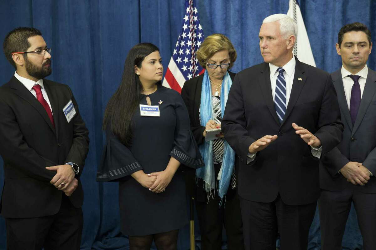 Vice President Mike Pence greets a group of displaced Venezuelans before giving a speech on the crisis in the South American country at Rice University’s Baker Institute for Public Policy on Friday, April 5, 2019, in Houston.