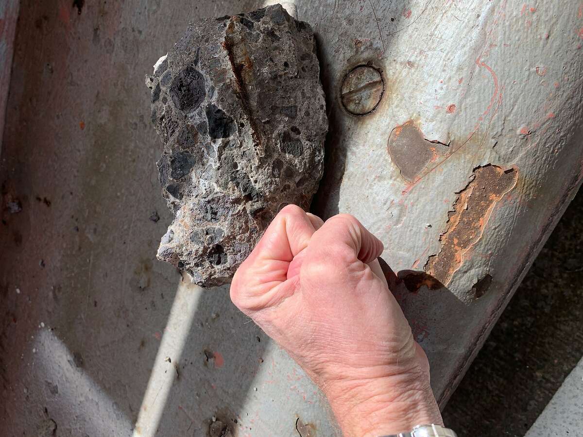 A chunk of concrete that spalled from the upper deck of the Richmond-San Rafael Bridge.