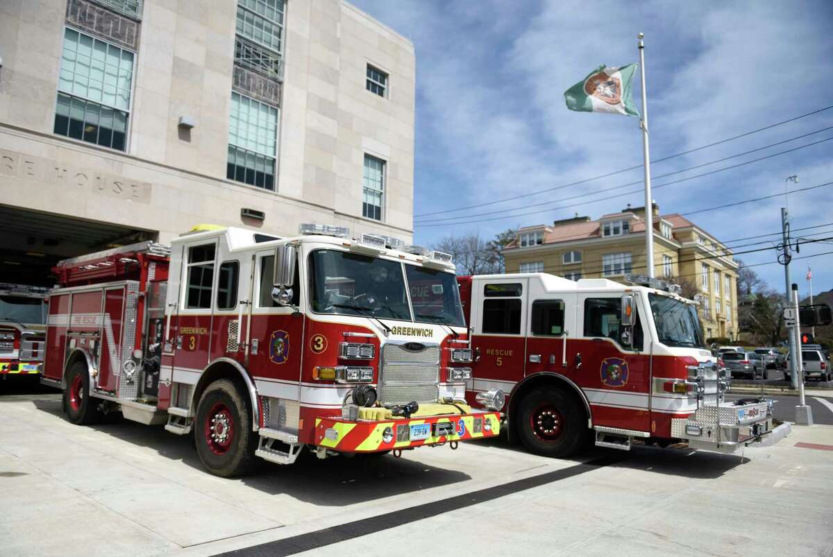 Fire trucks from the Greenwich Fire Department sit outside of the Public Safety Complex in Greenwich,