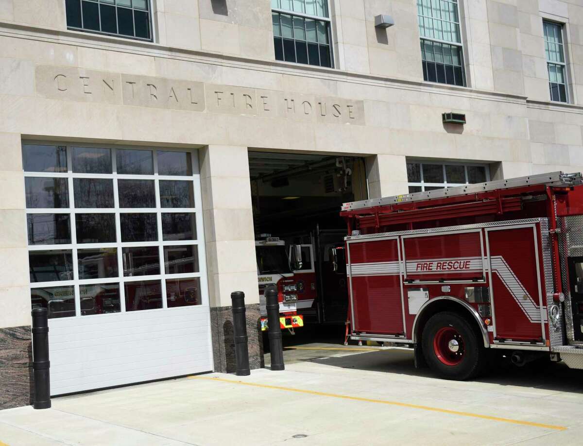 Fire trucks from the Greenwich Fire Department sit outside of the Public Safety Complex in Greenwich, Conn