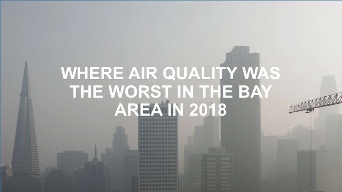 FILE – The San Francisco skyline shrouded in smoke on in this file photo from Nov. 16, 2018, a day when the air quality reached purple on the Air Quality Index (AQI). Click or swipe through the slideshow to see where the best and worst air quality was in the Bay Area in 2018.