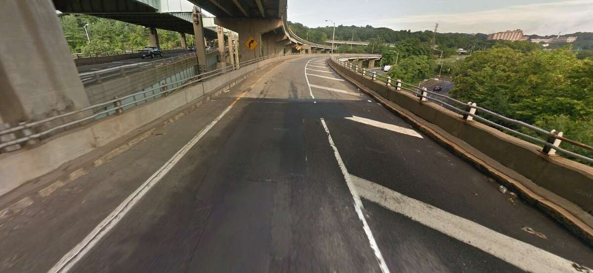 This is the ramp from I-84 west in Waterbury where 34 vehicles hit a sharp piece of metal, causing flat tires on Monday, April 8, 2019. The ramp from Waterbury’s Mixmaster connects with Route 8 north.