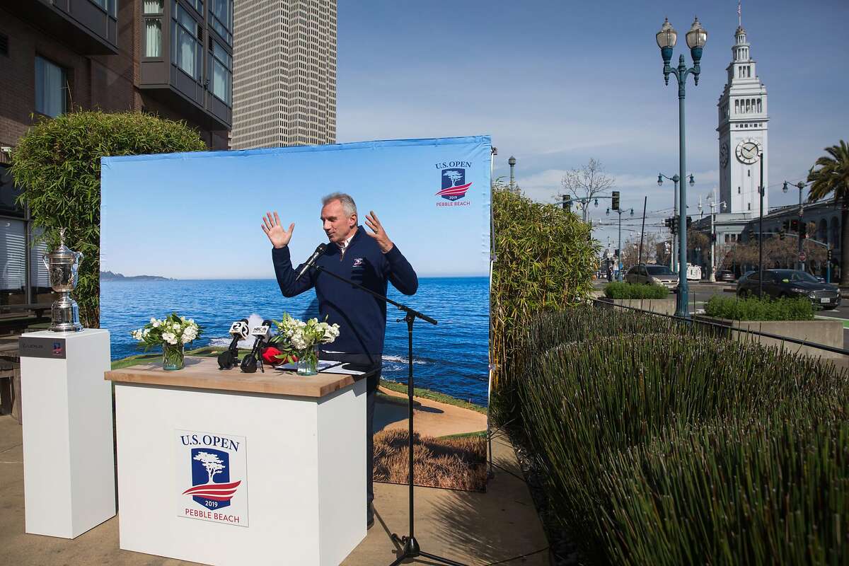 Joe Montana speaks after the USGA announces him as the honorary ambassador for the U.S. Open which will take place at Pebble Beach in June. Monday, April 8, 2019. San Francisco, Calif.