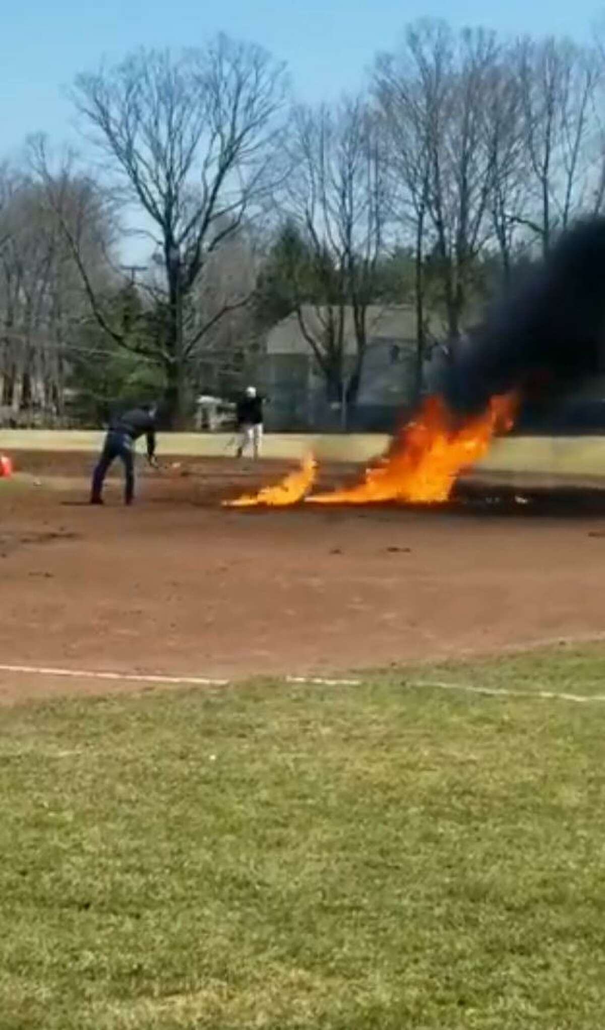 On April 6, 25 gallons of gasoline were poured onto the infield of Ciuccoli Field, in Ridgefield, and lit on fire in an attempt to make the field playable for the Ridgefield High School baseball team.