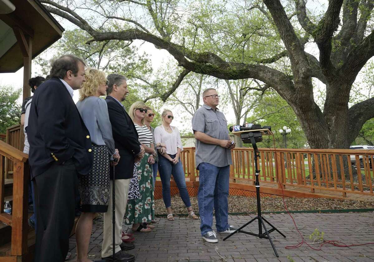 Recie Tisdale, a League City Police Department Detective, speaks during a press conference Monday, April 8, 2019, in Santa Fe. Several families members of the victims and surviors of the Santa Fe High School shooting gathered to discuss federal charges being bought against Dimitrios Pagourtzis, who already is charged with capital murder in the Santa Fe High School shooting. Ten people were killed in the May 18, 2018 shooting.