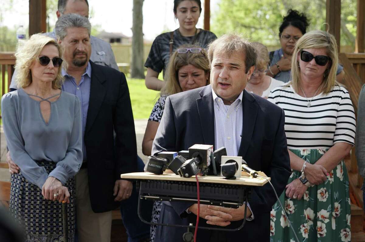 Steve Perkins, whose wife Ann Perkins was killed during the Santa Fe High School shooting, speaks during a press conference Monday, April 8, 2019, in Santa Fe. Several families members of the victims and surviors of the Santa Fe High School shooting gathered to discuss federal charges being bought against Dimitrios Pagourtzis, who already is charged with capital murder in the Santa Fe High School shooting. Ten people were killed in the May 18, 2018 shooting.
