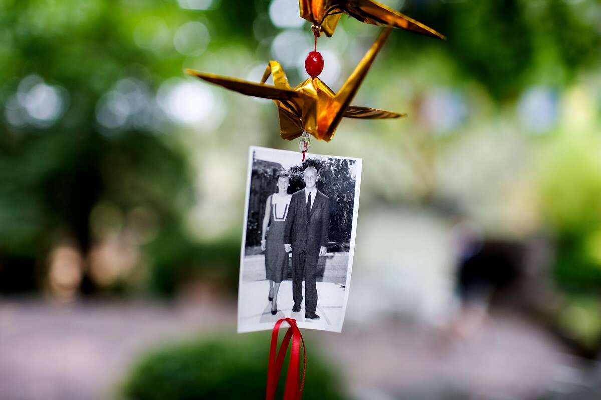 An old photograph of vintner Dick Grace, and his wife, Ann, of Grace Family Vineyards, hangs from a tree in the backyard of their St. Helena home.