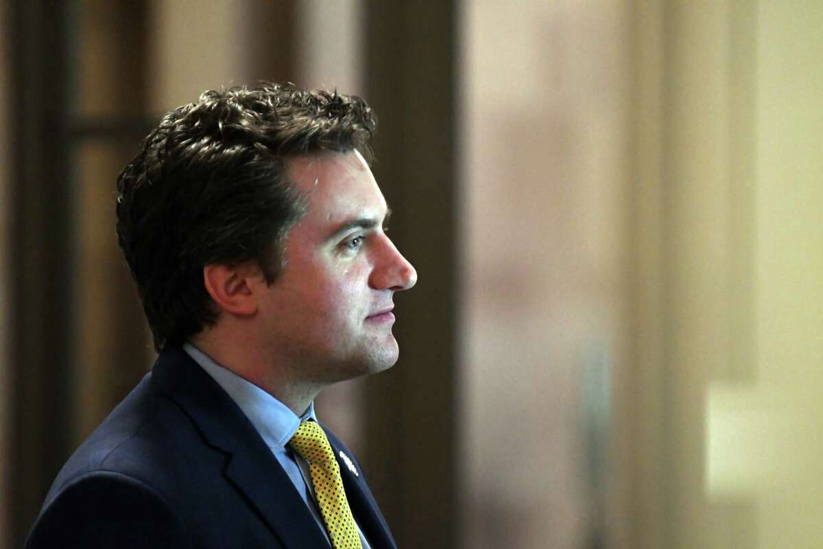 Sen. James Skoufis is interviewed at the Capitol on Monday, April 1, 2019, in Albany, N.Y.  Skoufis rejected a GOP call Feb. 1, 2021 to subpoena nursing home data from the state. (Will Waldron/Times Union)