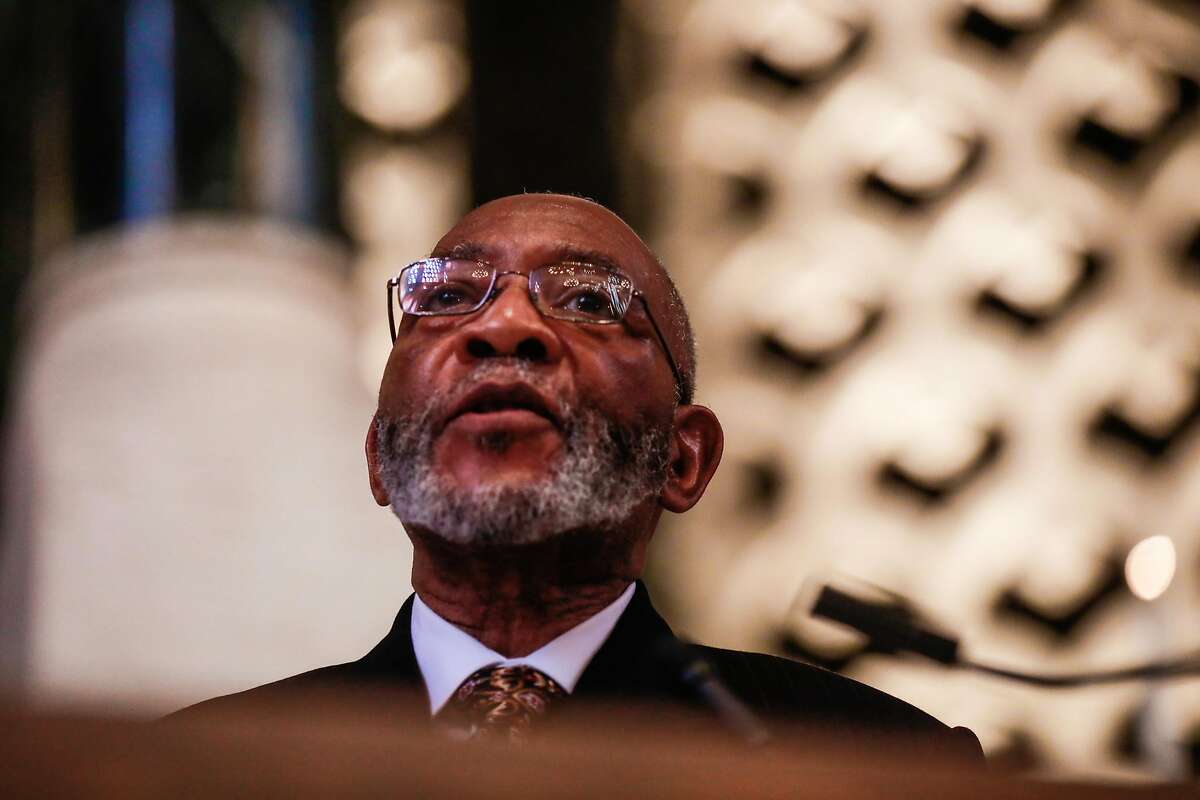 Rev. Amos Brown speaks during an interfaith gathering following the mass shooting in Pittsburg, Pennsylvania at Temple Emanu-El in San Francisco, California, on Sunday, Oct. 28, 2018.