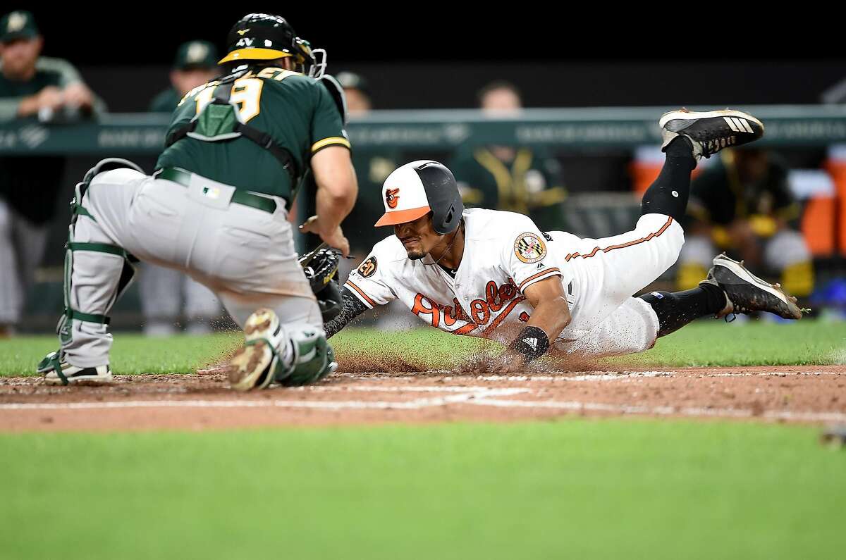 BALTIMORE, MD - APRIL 09: Richie Martin #1 of the Baltimore Orioles is tagged out at home plate by Josh Phegley #19 of the Oakland Athletics in the third inning at Oriole Park at Camden Yards on April 9, 2019 in Baltimore, Maryland. (Photo by Greg Fiume/Getty Images)