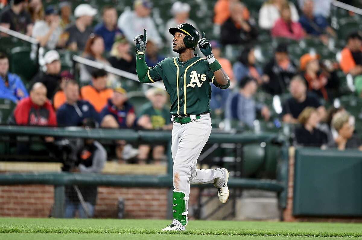 BALTIMORE, MD - APRIL 09: Jurickson Profar #23 of the Oakland Athletics celebrates after hitting a home run in the seventh inning against the Baltimore Orioles at Oriole Park at Camden Yards on April 9, 2019 in Baltimore, Maryland. (Photo by Greg Fiume/Getty Images)