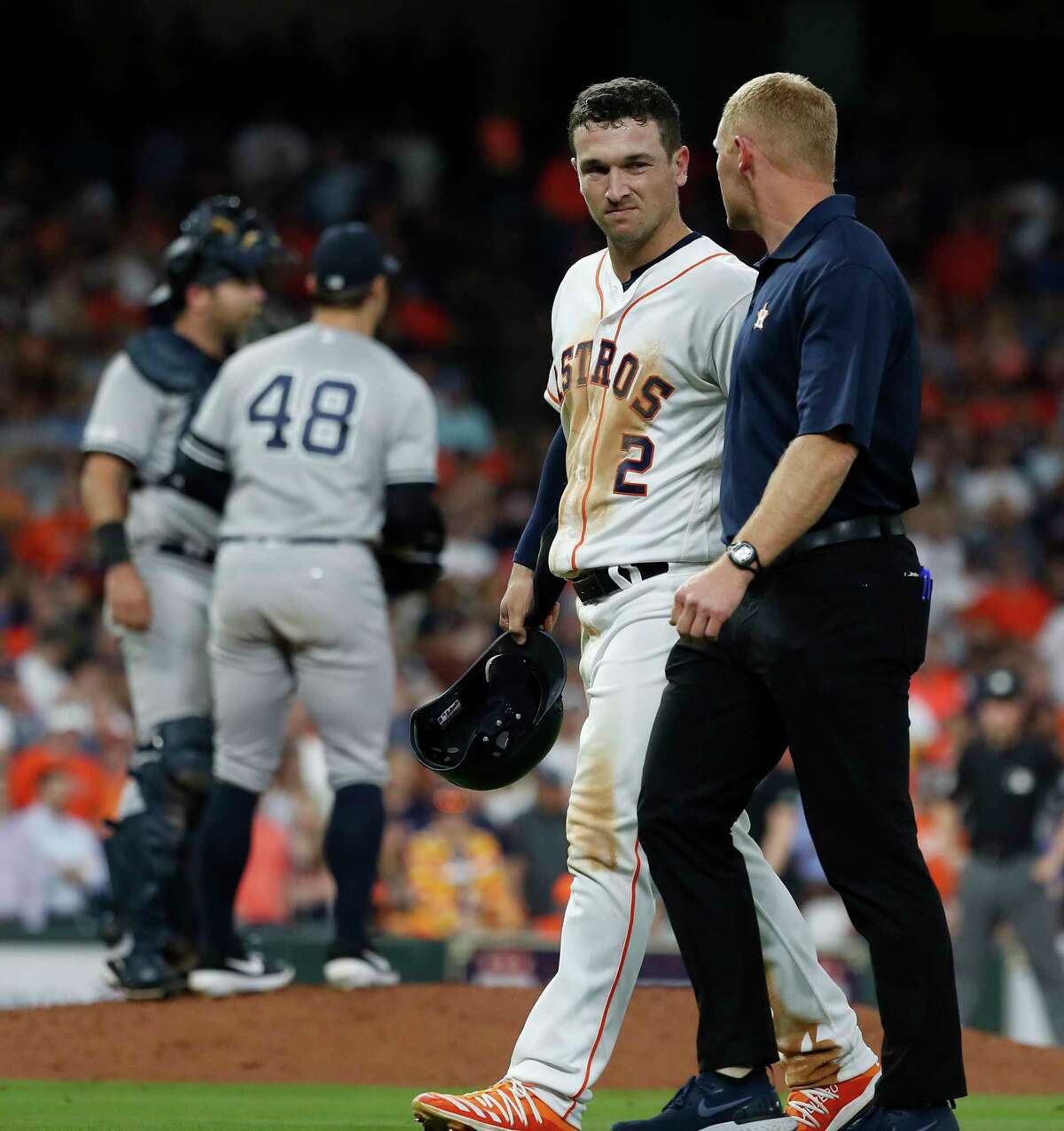 PHOTOS: Alex Bregman's best moments on and off the field Houston Astros Alex Bregman (2) comes out of the game with a hamstring injury after taking second base on a defensive indifference during the eighth inning of an MLB game at Minute Maid Park, Tuesday, April 9, 2019, in Houston.