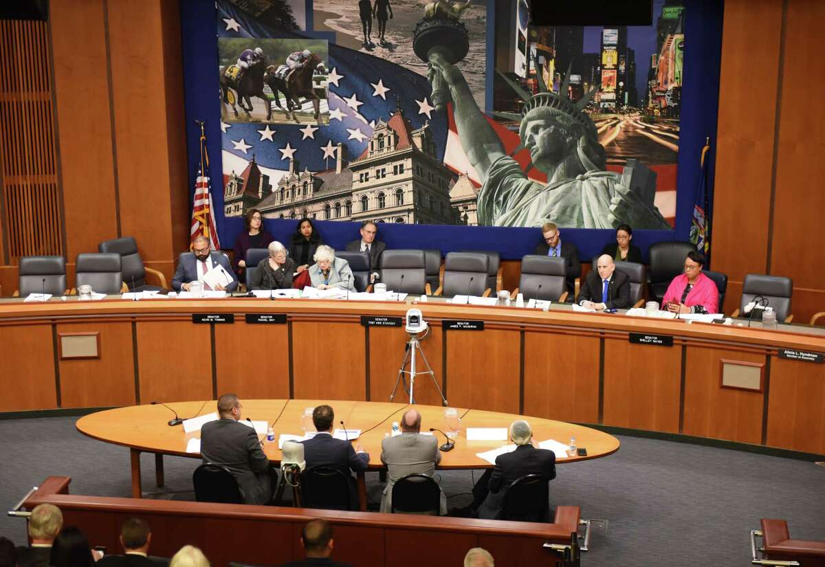 Speakers are questioned during a Senate hearing on the oversight of for-profit colleges and schools on Wednesday, April 10, 2019, at the Legislative Office Building in Albany, N.Y. (Will Waldron/Times Union)