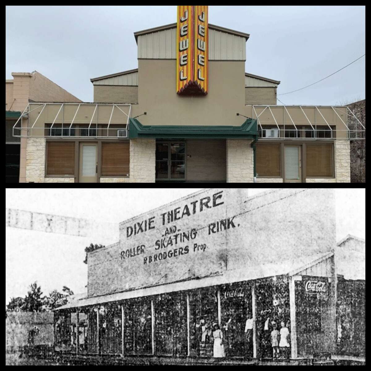 The Jewel Theatre, located on Main Street in Humble, was originally known as the Dixie Theatre and Roller Skating Rink, owned by R.B. Rogers in the early 1900's. In 1947 the Jewel Theatre sign moved from Texas City to Humble after the 1947 Texas City Disaster.
