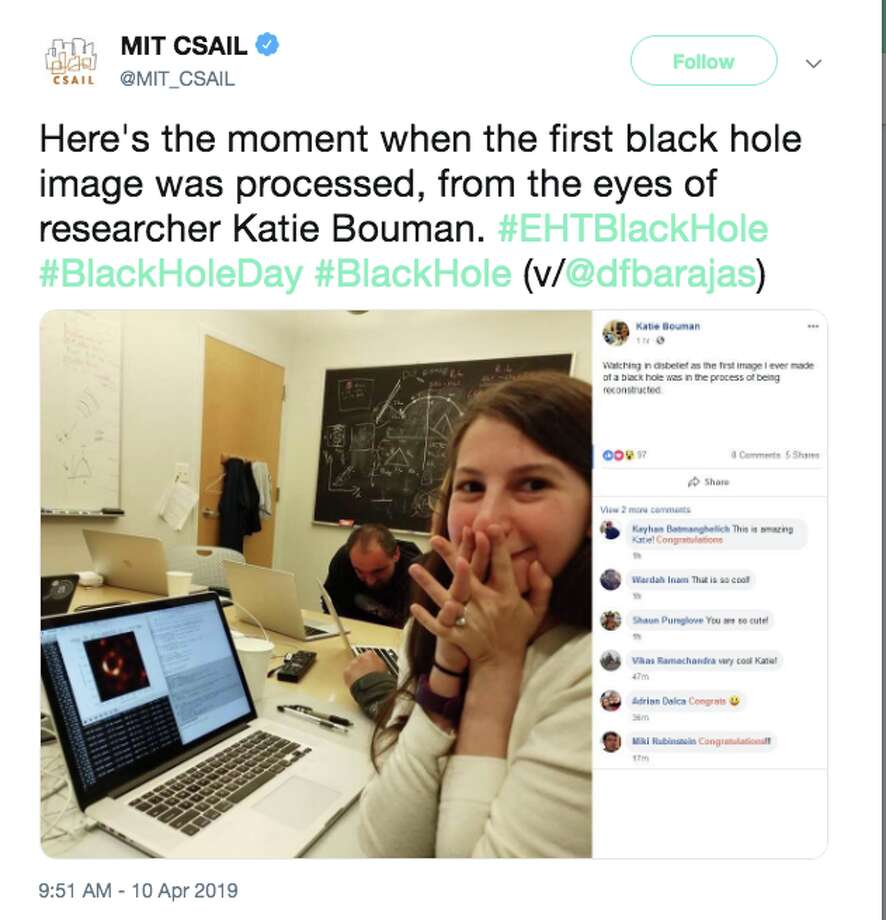 Researcher Katie Bouman (pictured above) played an important role in creating the very first image of a black hole. Photo: screenshot / MIT CSAIL