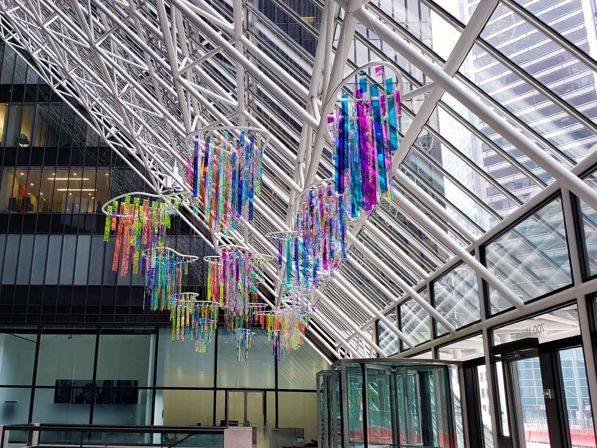 Holographic Sky hangs from the top of the atrium at Pennzoil Place in downtown Houston.