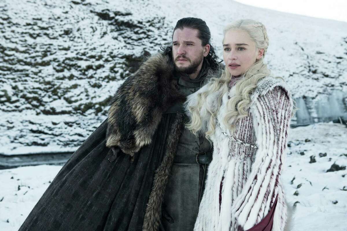Kit Harington, left, as Jon Snow and Emilia Clarke as Daenerys Targaryen in Season 8 of "Game of Thrones." MUST CREDIT: Helen Sloane, HBO