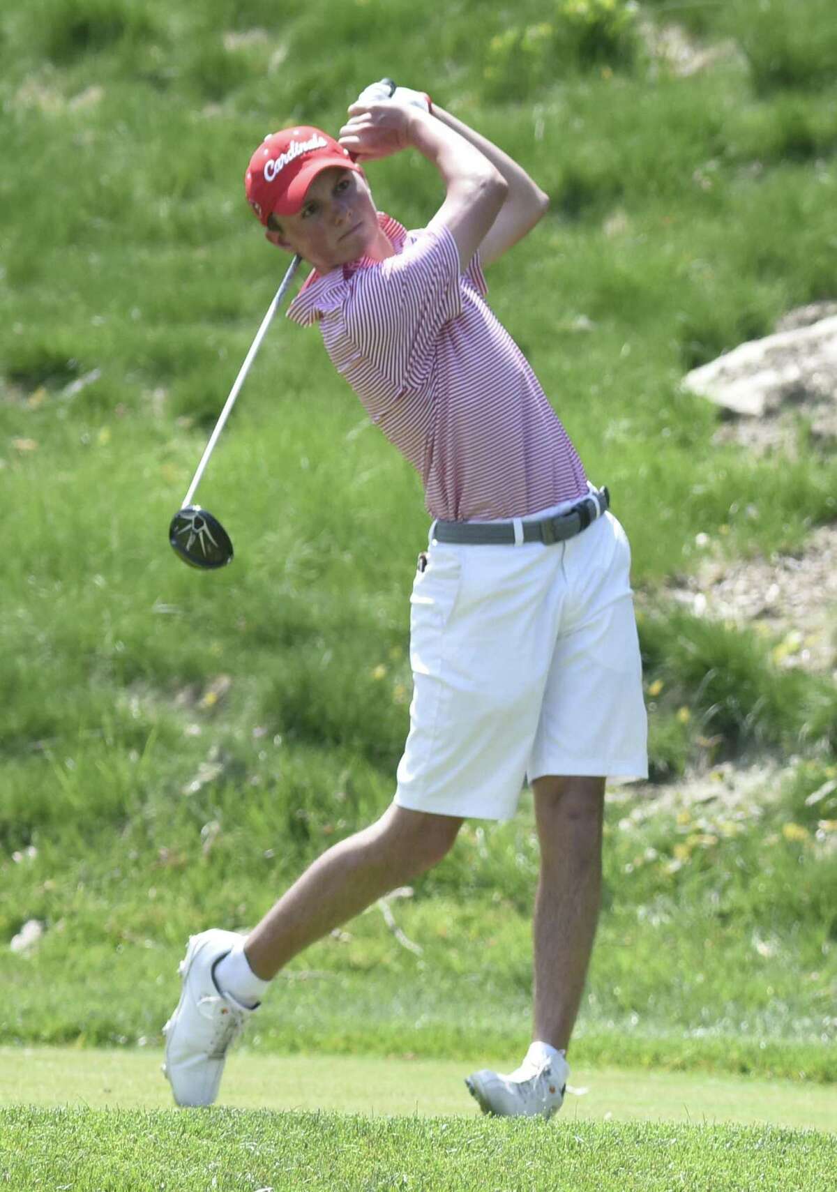 Greenwich’s Jackson Fretty competes in the first annual Greenwich Invitational high school golf match at the Greenwich Country Club last season.