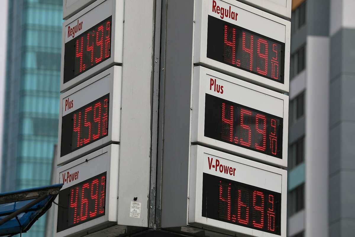 Gas prices are seen on signs on Thursday, April 11, 2019 in San Francisco, Calif.