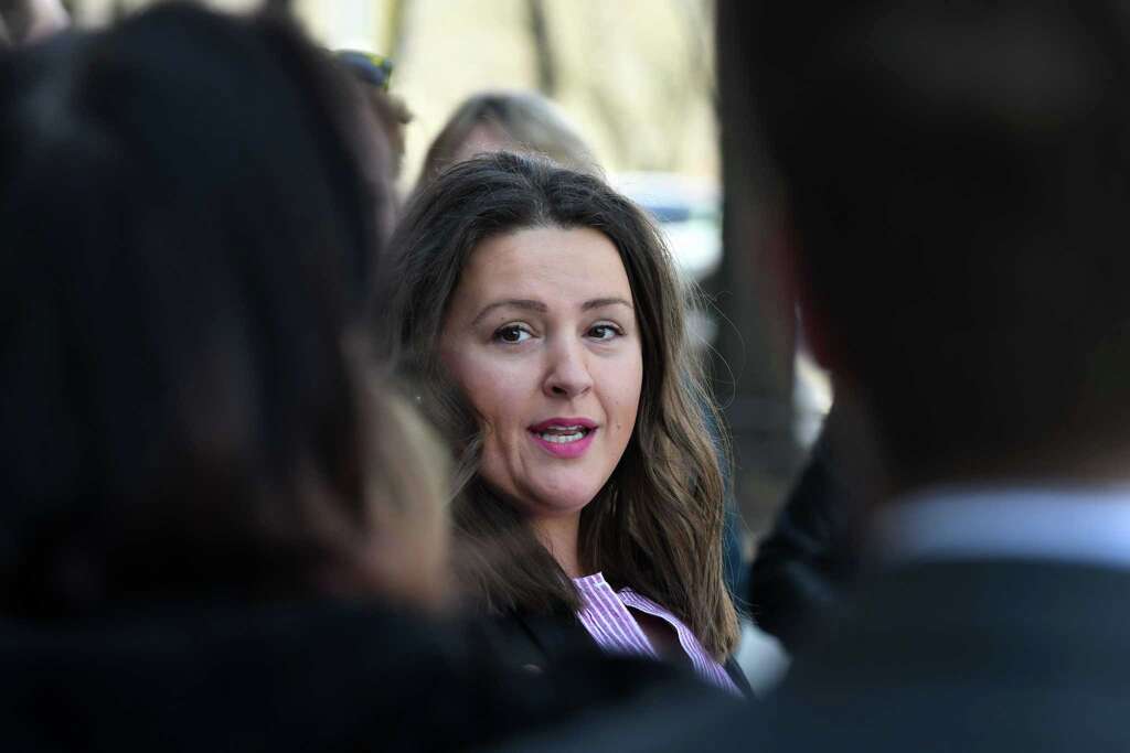 Marilyn Lupo, proprietor of Kanters Deli, speaks during an event to celebrate the continued revitalization of the Madison Ave. block of the Lark Street Corridor on Thursday, April 11, 2019, in Albany, N.Y. A