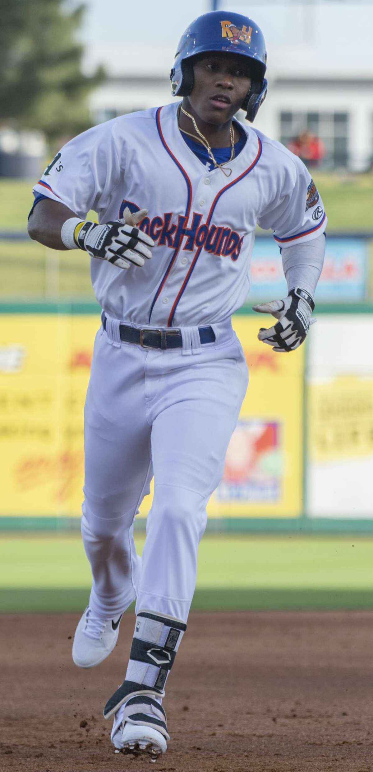 RockHounds' Dairon Blanco rounds the bases 04/11/19 after a leadoff homerun against Frisco at the home opener at Security Bank Ballpark. Tim Fischer/Reporter-Telegram