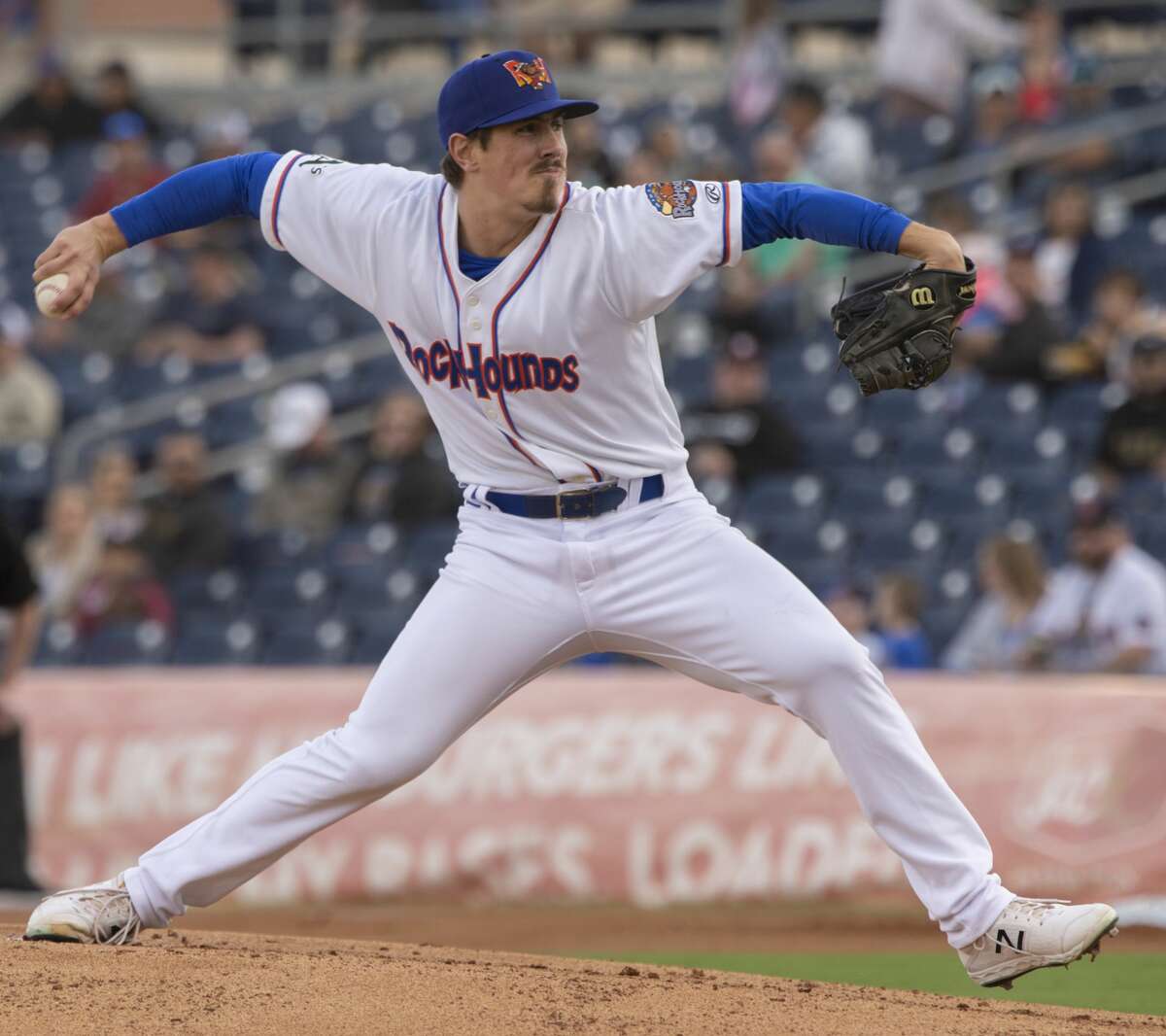 RockHounds' starting pitcher Parker Dunshee delivers a pitch 04/11/19 as the Hounds take on Frisco at the home opener at Security Bank Ballpark. Tim Fischer/Reporter-Telegram