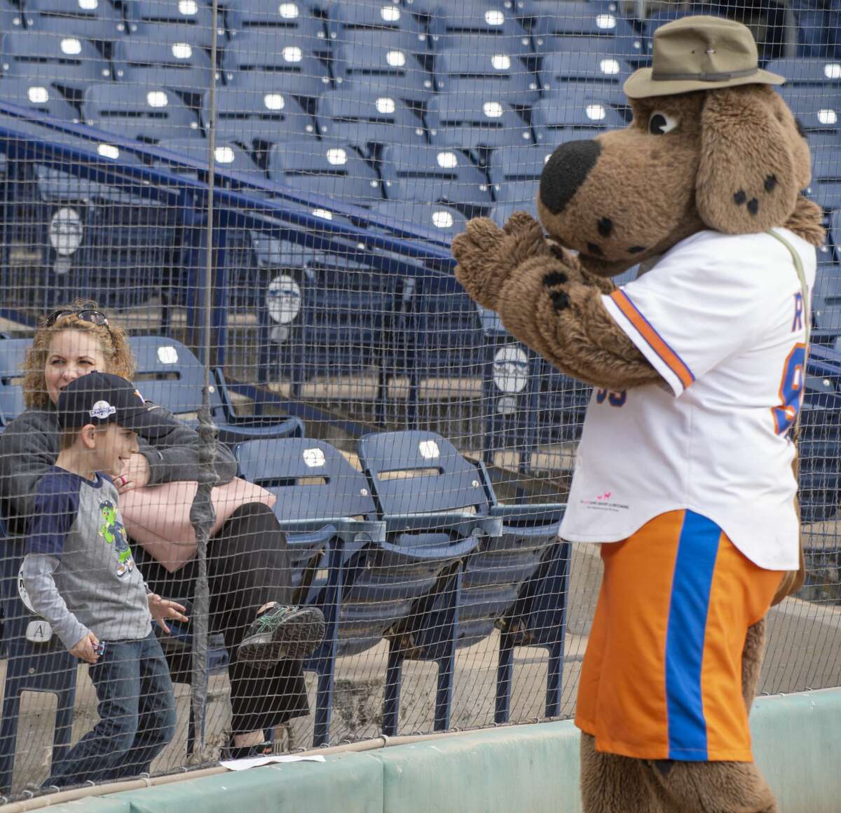 Rocky has a dance-off with Kyle Casselman 04/11/19 before the home opener at Security Bank Ballpark against Frisco. Tim Fischer/Reporter-Telegram