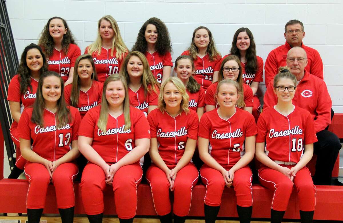 Members of the Caseville varsity softball team are (front row from left) Emma Hopkins, Natalie Campis, Dezera Breismiester, Kaylin Ewald, Alissa Logsdon (middle row) Jessica Nugent, Nicole Dufty, Tyonna Outiveros, Adrian Ewald, Chelsey Breismiester, assistant coach John Atwell (back row) Ashlee Guigar, Katelyn McCormick, Chentel Hill, Paige Samborski, Isabelle Baker and head coach Ken Ewald. Caseville Softball  2 Chentel Hill 3 Dezera Breismiester 4 Chelsey Breismiester 5 Kaylin Ewald 6 Natalie Campis 8 Jessica Nugent 9 Adrian Ewald 10 Katelyn McCormick 11 Paige Samborski 12 Isabelle Baker  13 Emma Hopkins 16 Nicole Dufty 18 Alissa Logsdon 20 Tyonna Outiveros 27 Ashlee Guigar Coaches Ken Ewald John Atwell Schedule  April 11 vs. Mayville  April 15 at Dryden  April 22 at Genesee  April 29 at Deckerville  May 2 at Owen-Gage  May 6 vs. North Huron  May 9 vs. CPS  May 13 vs. Kingston  May 16 at Peck  May 20 at Mayville  May 23 vs. Dryden 