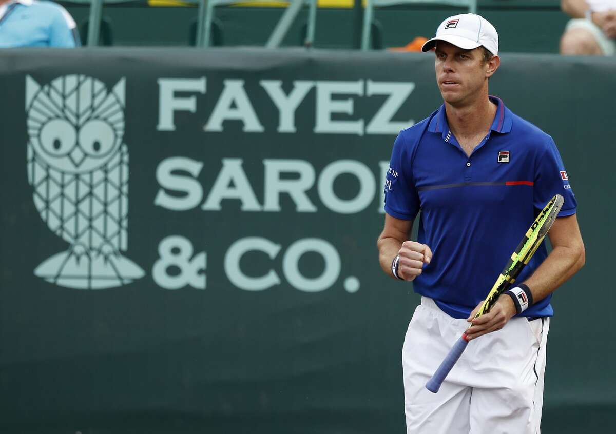 Sam Querrey reacts as he beat Guillermo Garcia-Lopez in the second-round action during the Fayez Sarofim & Co. U.S. Men's Clay Court Championship at River Oaks Country Club, Thursday, April 11, 2019, in Houston.
