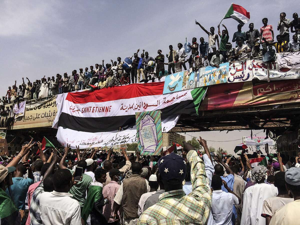Demonstrators gather in Sudan's capital of Khartoum, Friday, April 12, 2019. The Sudanese protest movement has rejected the military's declaration that it has no ambitions to hold the reins of power for long after ousting the president of 30 years, Omar al-Bashir. (AP Photo)