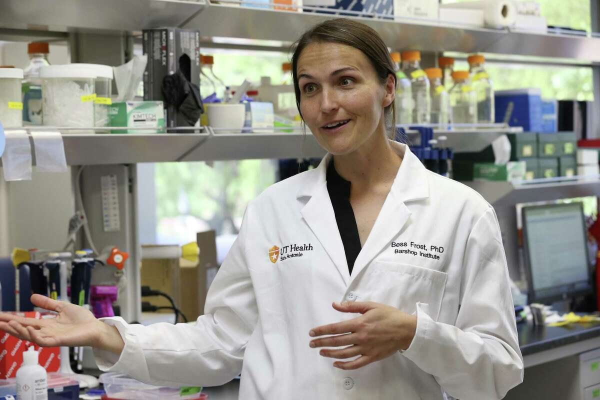UT Health San Antonio Assistant Professor Bess Frost talks about her research into Alzheimer's using fruit flies in her lab, Monday, April 8, 2019.