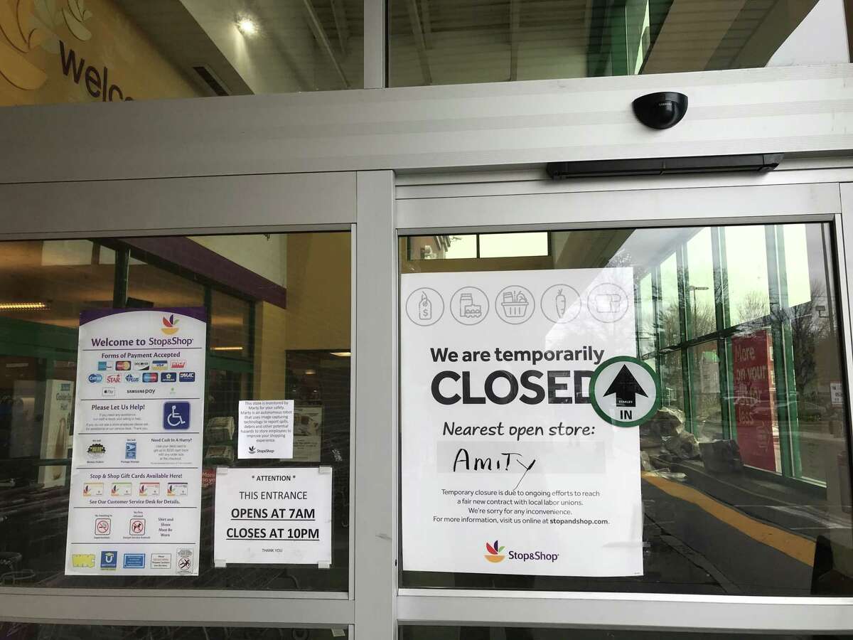 Stop & Shop on Whalley Avenue in New Haven kept its doors closed to customers Friday, with only limited access for People’s United Bank customers.