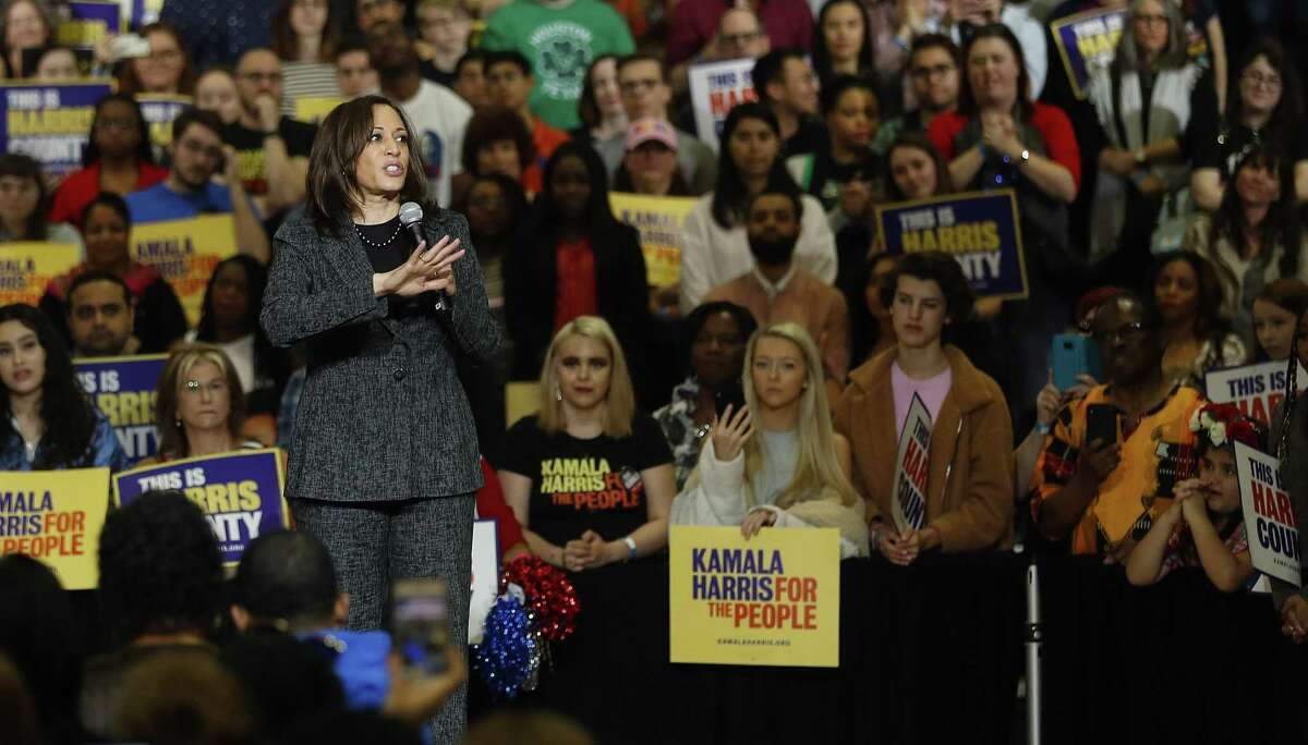 Kamala Harris speaks during her rally Saturday at Texas Southern University's Recreational Center,Saturday, March 23, 2019, in Houston.
