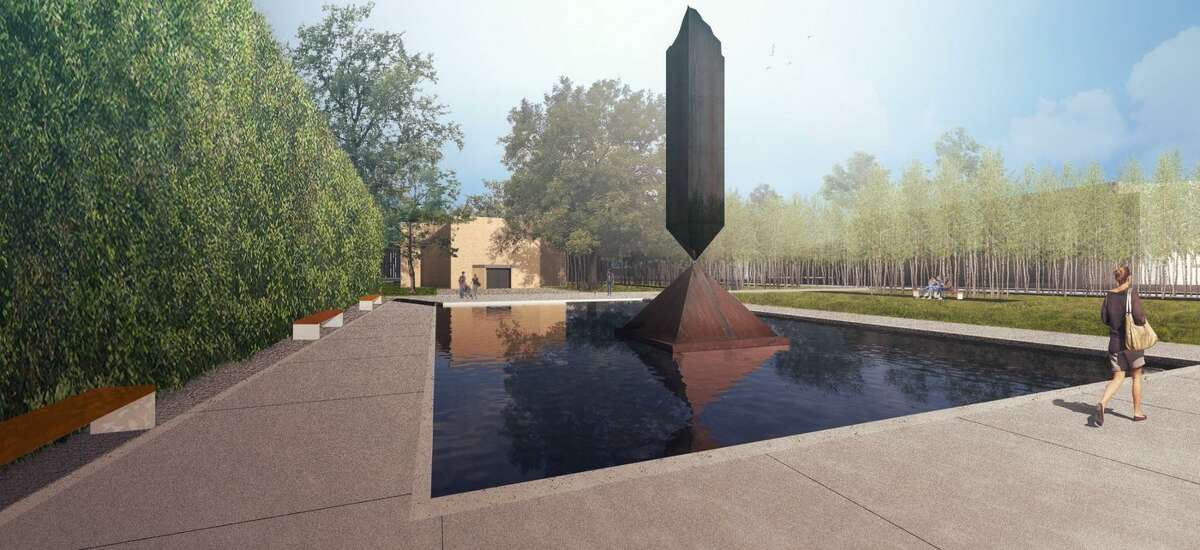 A rendering of the Rothko Chapel’s renovated plaza, which will be shaded by oaks and river birches that help visitors’ eyes adjust to the chapel’s low light levels as they approach.