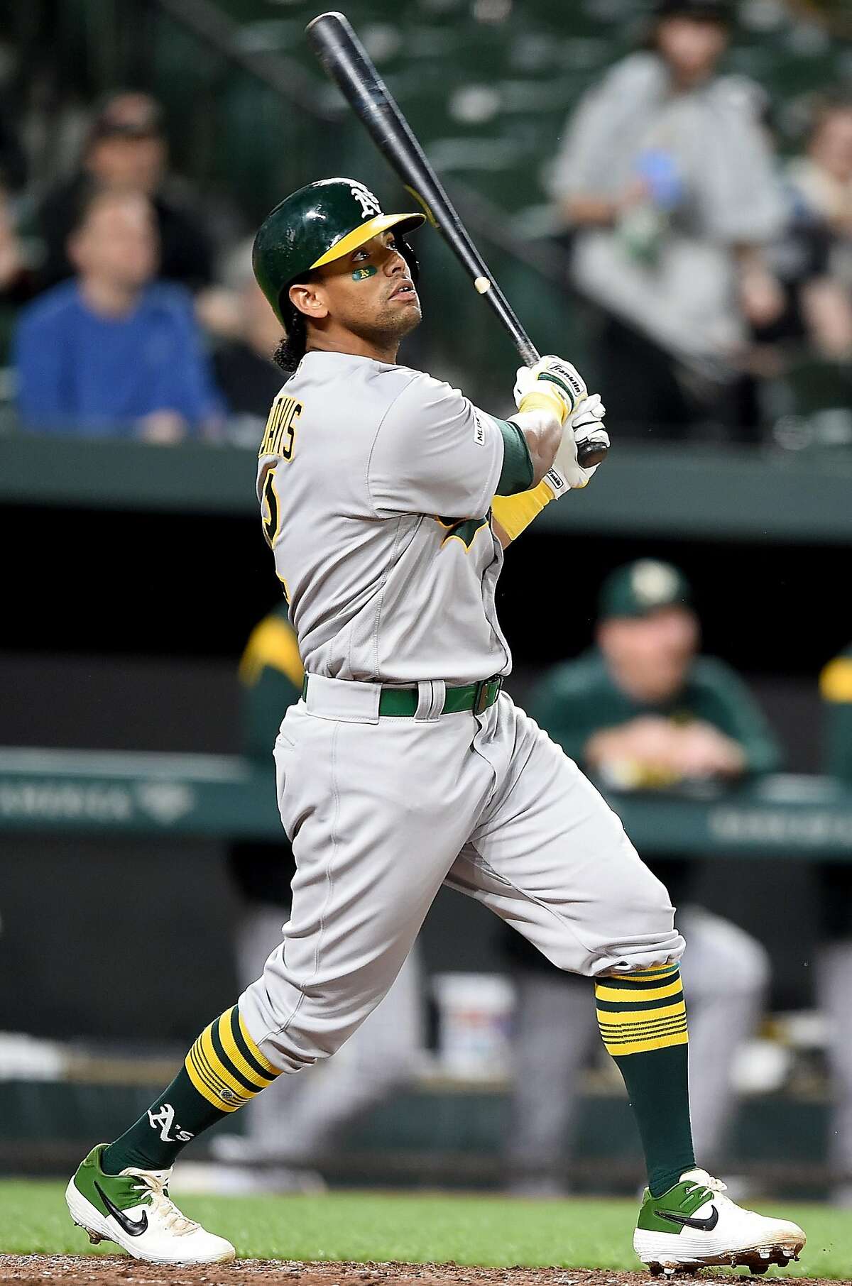 BALTIMORE, MD - APRIL 10: Khris Davis #2 of the Oakland Athletics hits a home run in the seventh inning against the Baltimore Orioles at Oriole Park at Camden Yards on April 10, 2019 in Baltimore, Maryland. (Photo by Greg Fiume/Getty Images)