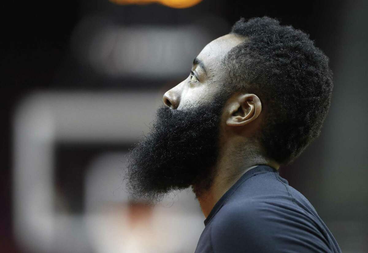 Houston Rockets guard James Harden during the Houston Rockets practice at Toyota Center,Saturday, April 13, 2019, in Houston, as the Rockets prepare to face the Utah Jazz in a best-of-seven series during the First Round of the 2019 NBA Playoffs.