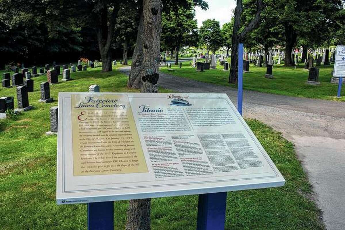 A sign at the Fairview Lawn Cemetery in Halifax, Nova Scotia, Canada, marks the final resting place for more than 100 victims of the sinking of the RMS Titanic.