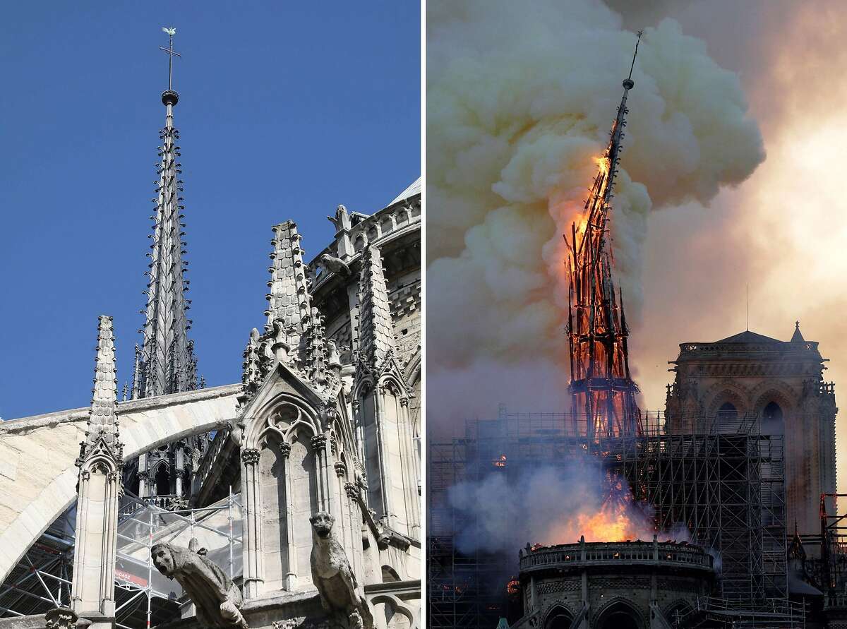 (FILES) This combination of file photographs shows the steeple Notre-Dame de Paris Cathedral - (L) taken on June 26, 2018 showing sculptures and the steeple and (R) the steeple of the landmark cathedral collapsing as the cathedral is engulfed in flames in central Paris on April 15, 2019. - A huge fire swept through the roof of the famed Notre-Dame Cathedral in central Paris on April 15, 2019, sending flames and huge clouds of grey smoke billowing into the sky. The flames and smoke plumed from the spire and roof of the gothic cathedral, visited by millions of people a year. A spokesman for the cathedral told AFP that the wooden structure supporting the roof was being gutted by the blaze. (Photo by Ludovic MARIN and Geoffroy VAN DER HASSELT / AFP)LUDOVIC MARIN,GEOFFROY VAN DER HASSELT/AFP/Getty Images