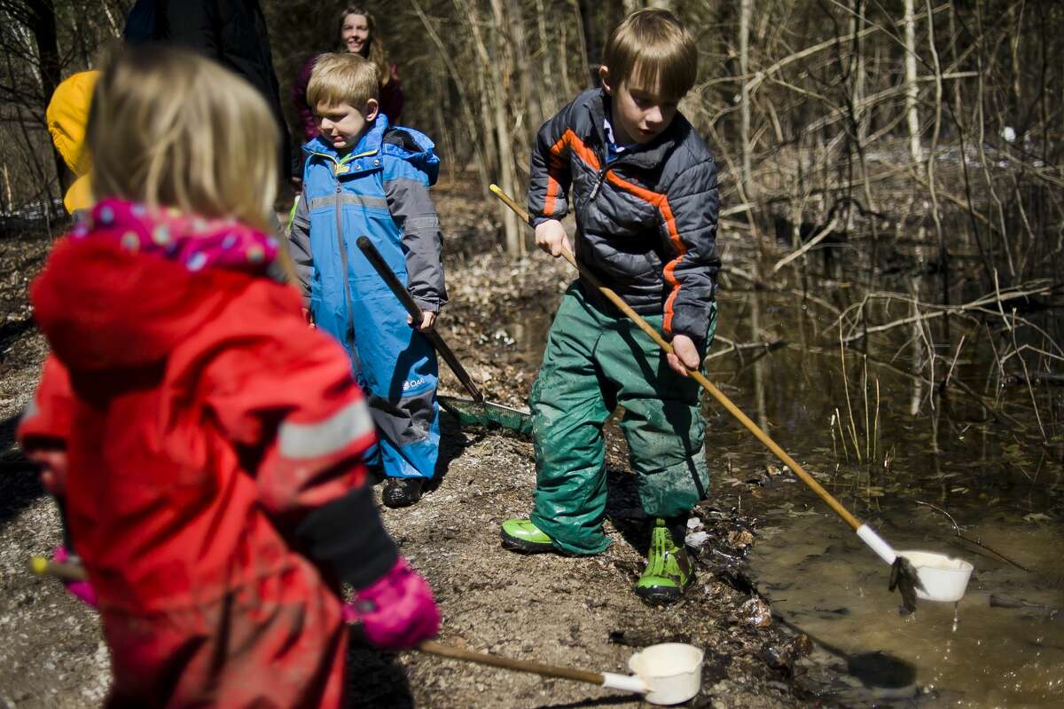 Students and instructors of Chippewa Nature Center's Nature Preschool explore vernal pools on Monday, April, 2019 in Midland. (Katy Kildee/kkildee@mdn.net)