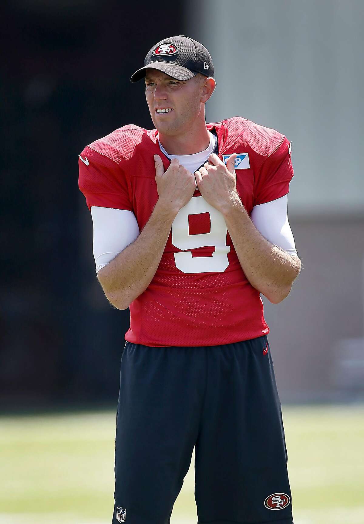 San Francisco 49ers kicker Robbie Gould watches practice drills from the sidelines during practice at the San Francisco 49ers training facility on Wednesday, August 23, 2017, in Santa Clara, California.