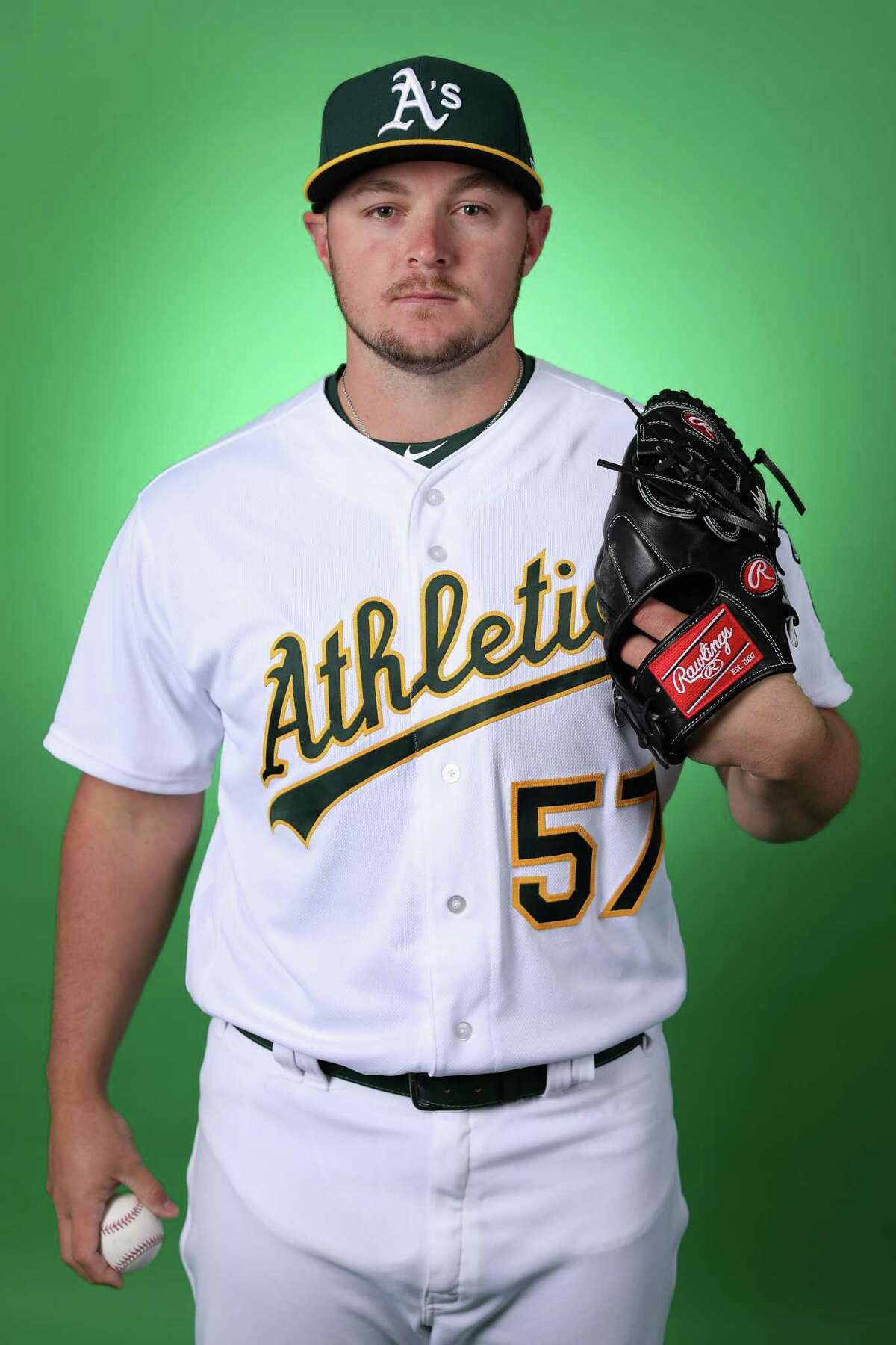 Pitcher J.B. Wendelken #57 of the Oakland Athletics poses for a portrait during photo day at HoHoKam Stadium on February 19, 2019 in Mesa, Arizona.
