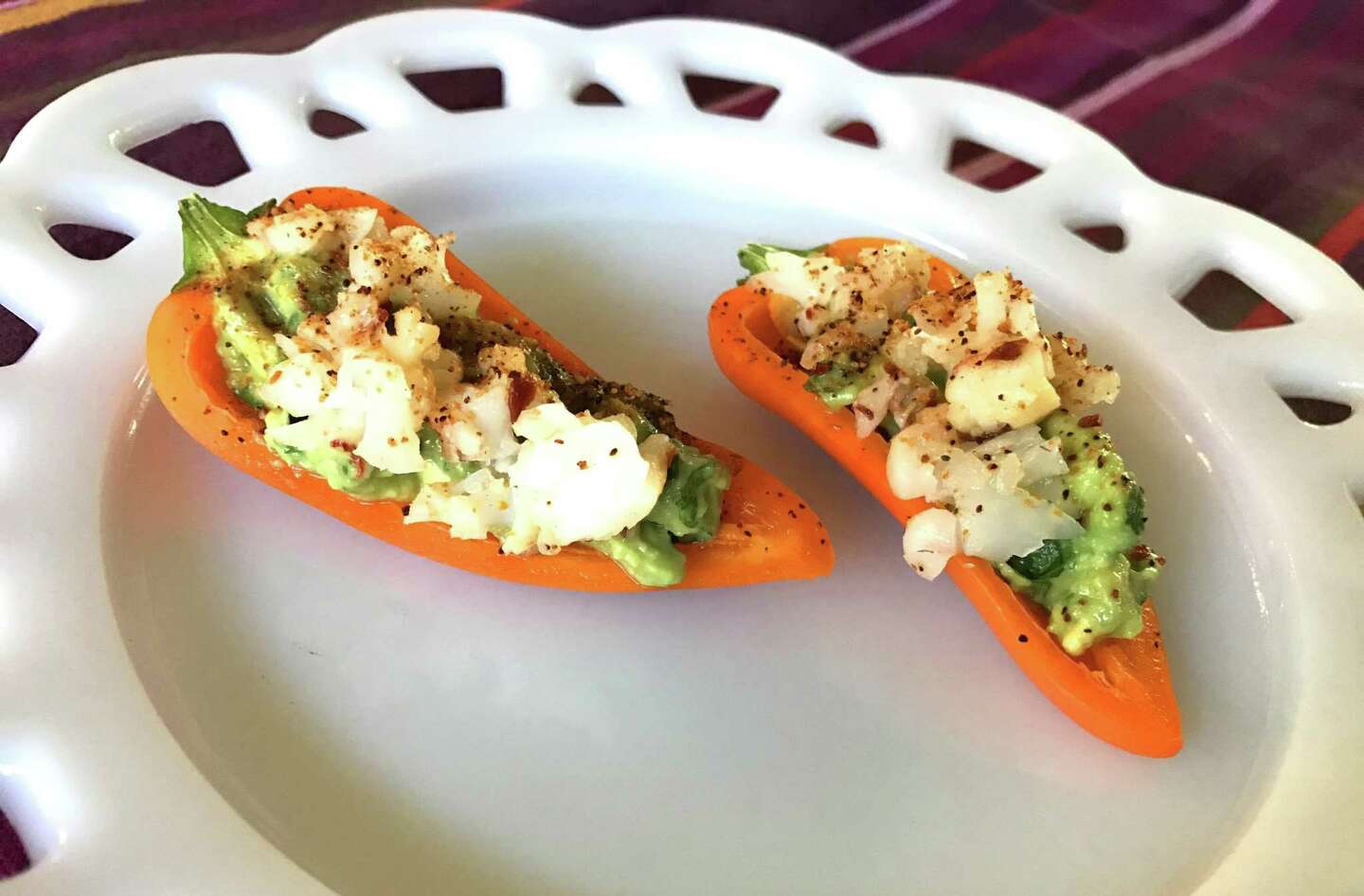 Fiesta stuffed mini peppers 3 ways: shrimp, bean and cheese and Mexican